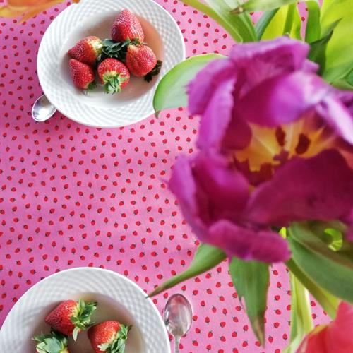 et smukt og indbydende bord med jordbær voksdug